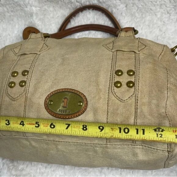Fossil long live vintage khaki burlap Boston bag with leather tan straps . - Picture 14 of 14